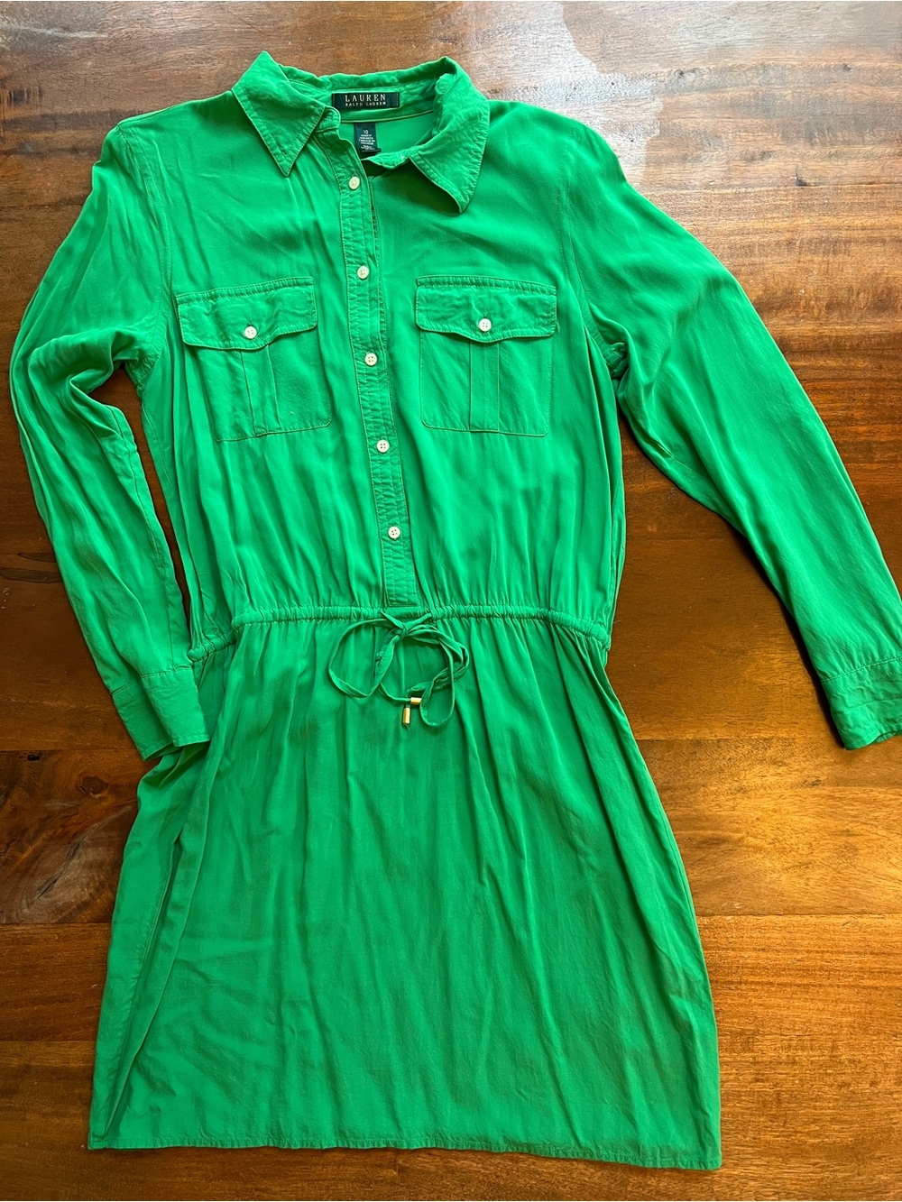 Lauren Ralph Lauren Women’s Green Solid Collared Button Front Shirt Dress S 10